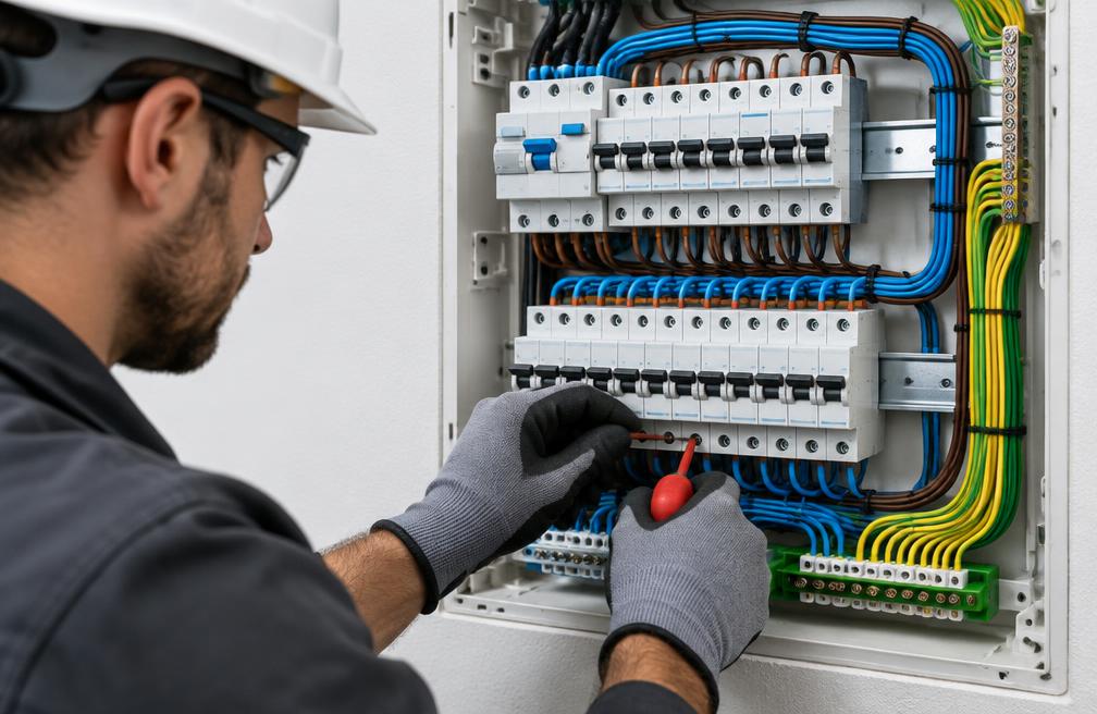 Electricista trabajando en un tablero domiciliario