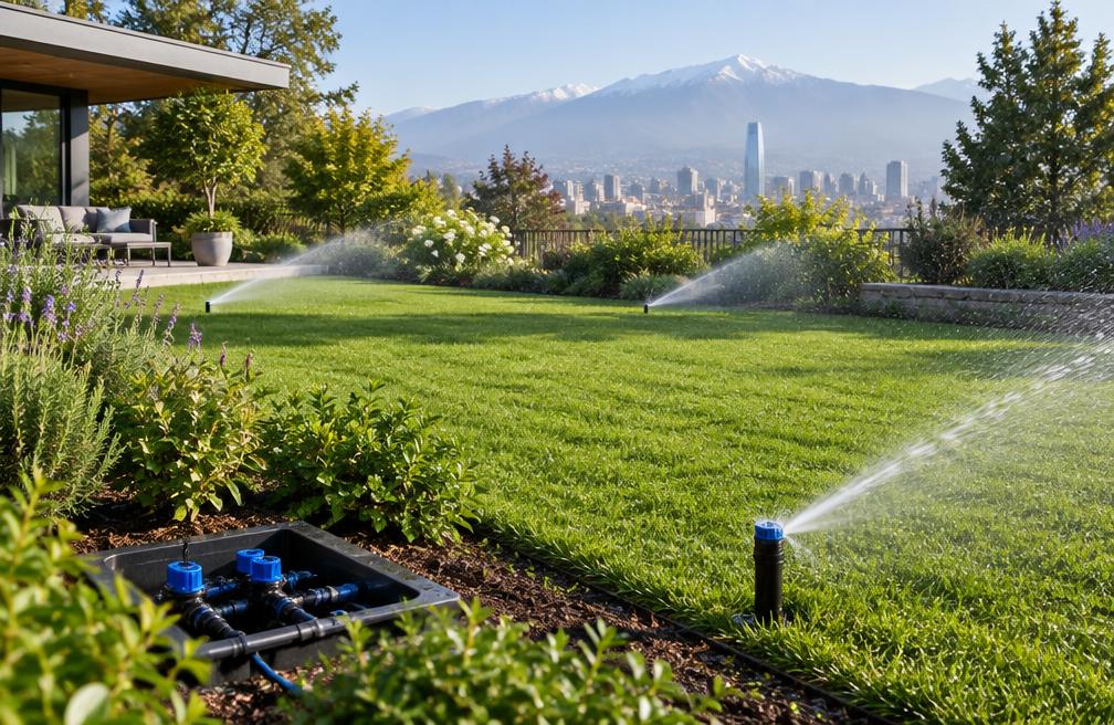 Sistema de riego automático funcionando en un jardín