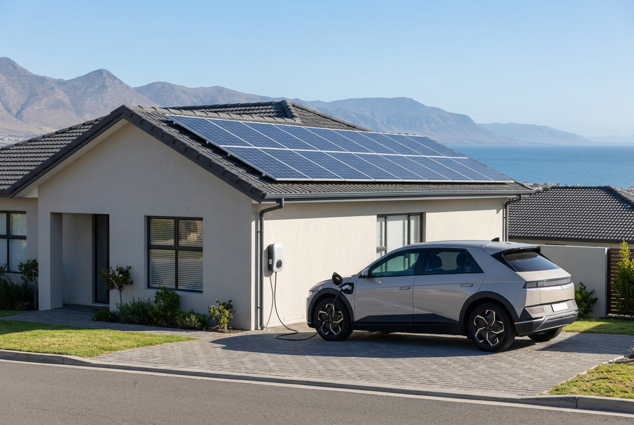 Casa con paneles solares y un auto eléctrico conectado a su cargador